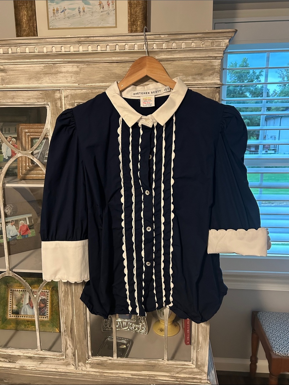 Gretchen Scott Designs Navy and White Ruffled Button-Down Top
